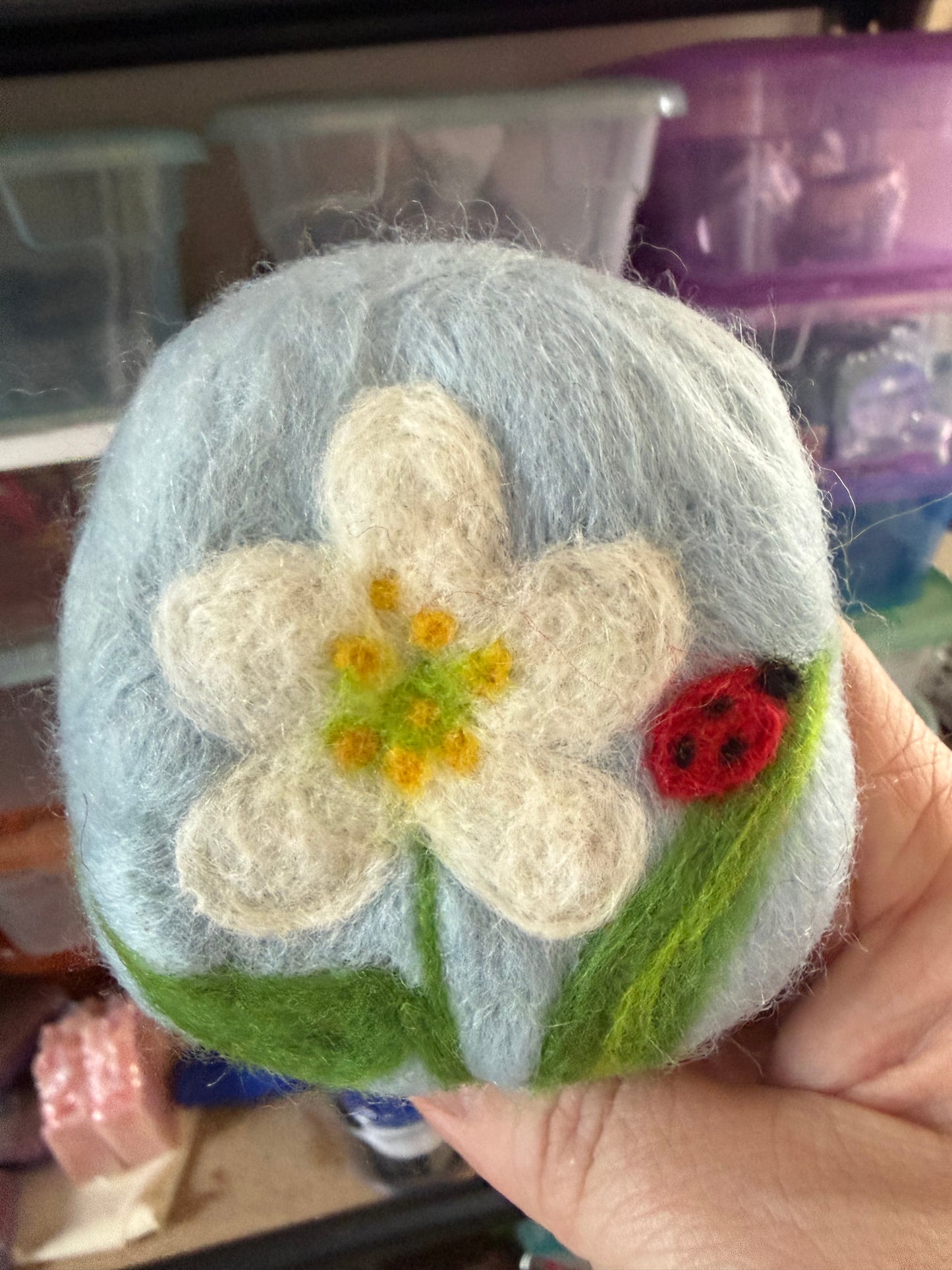 Flower and Ladybug felted wool soap bar