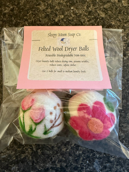 Felted Wool laundry dryer balls: pink flowers