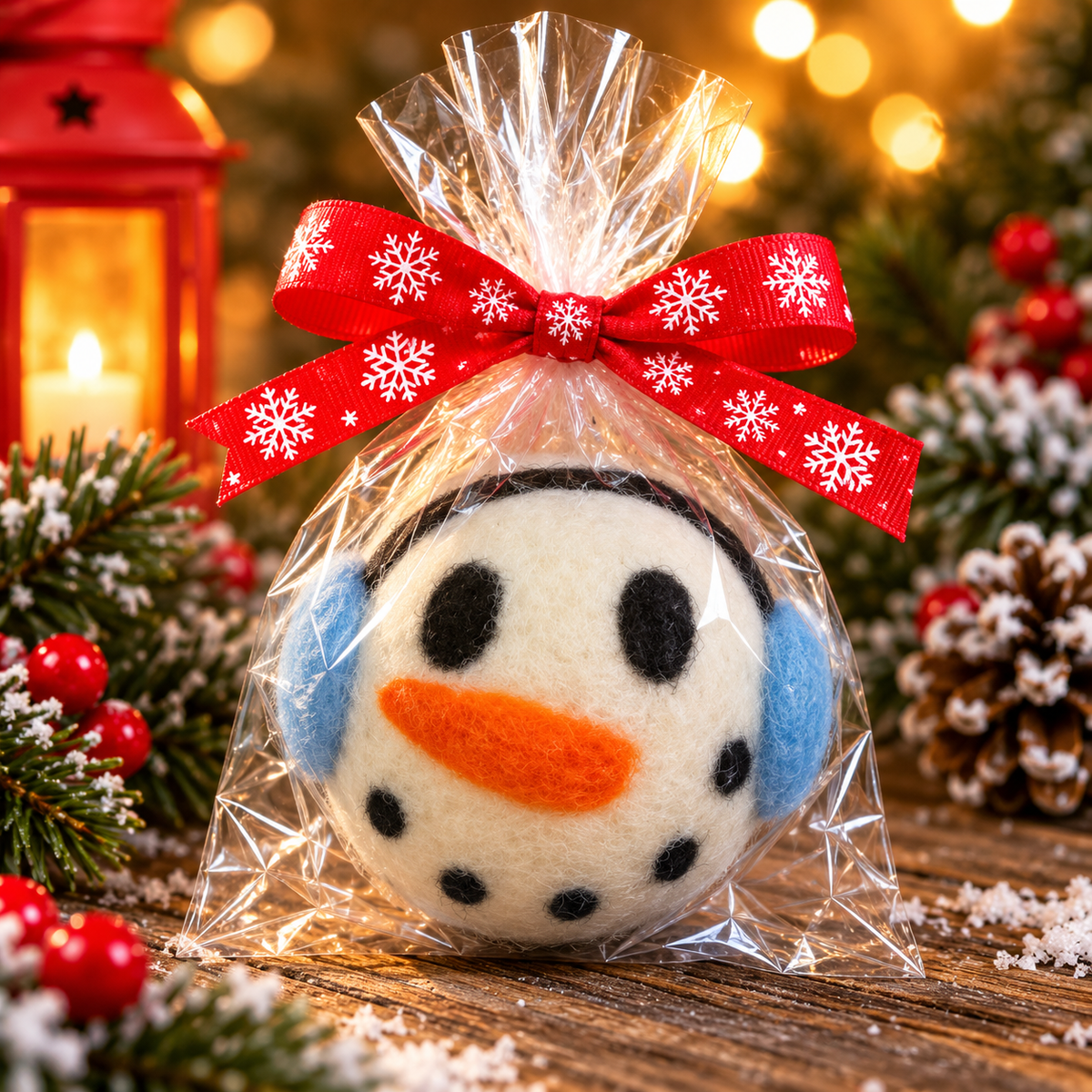 Hand Needle Felted Dryer Ball: Earmuff Snowman