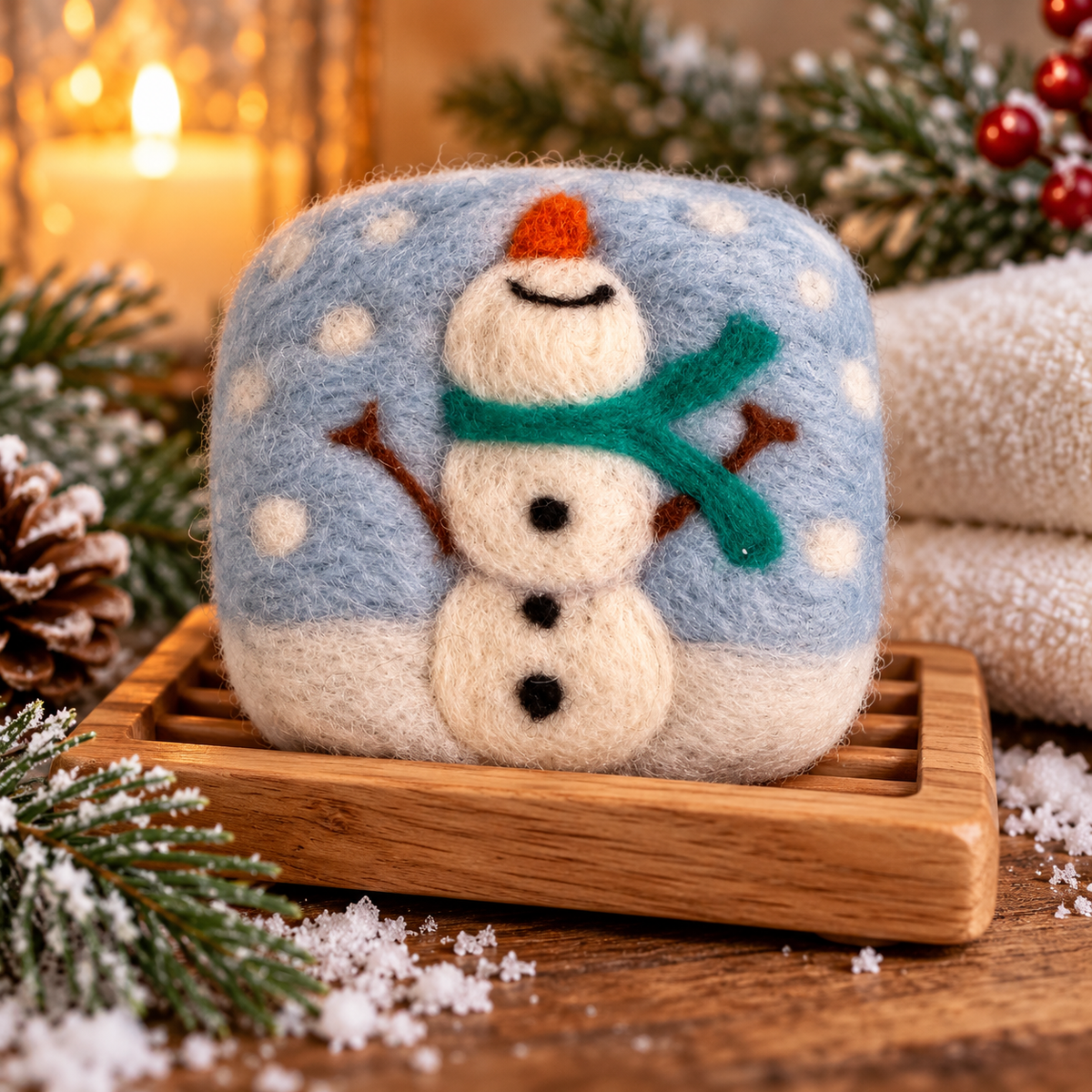 Felted Wool Soap Bar: Snowman