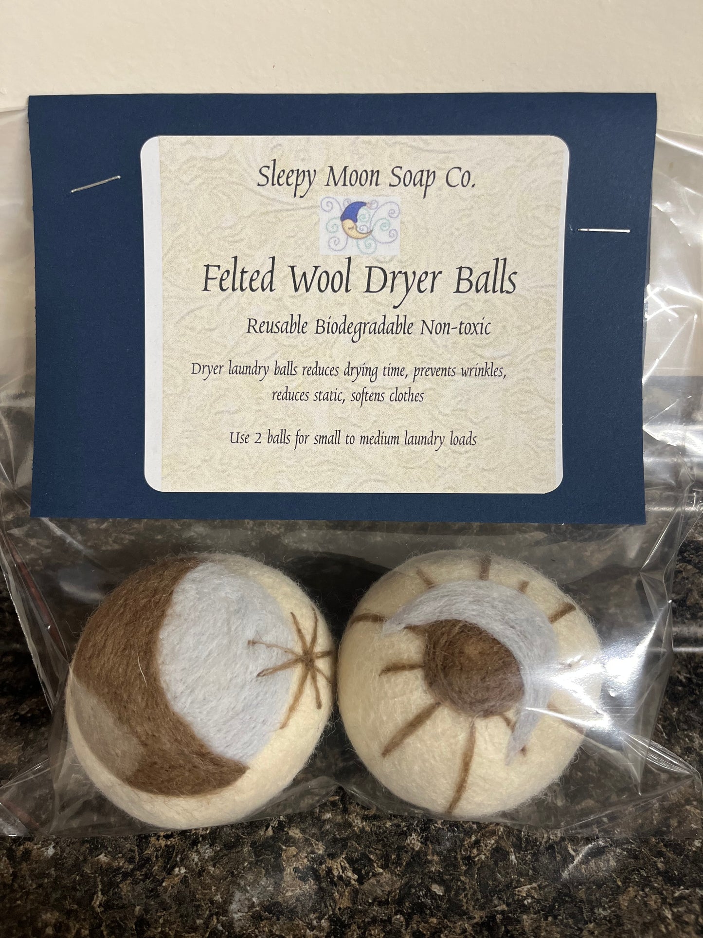 Felted Wool Laundry Dryer Balls: Sun & Moon