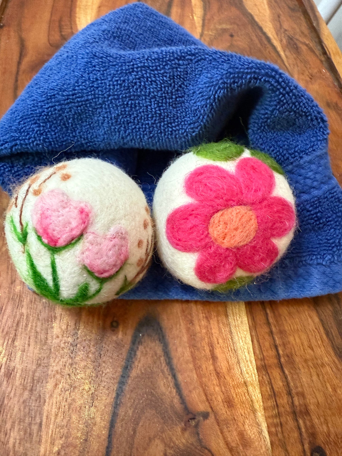 Felted Wool laundry dryer balls: pink flowers