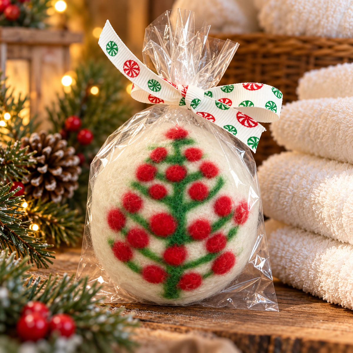 Hand Needle Felted Dryer Balls: red ornament tree