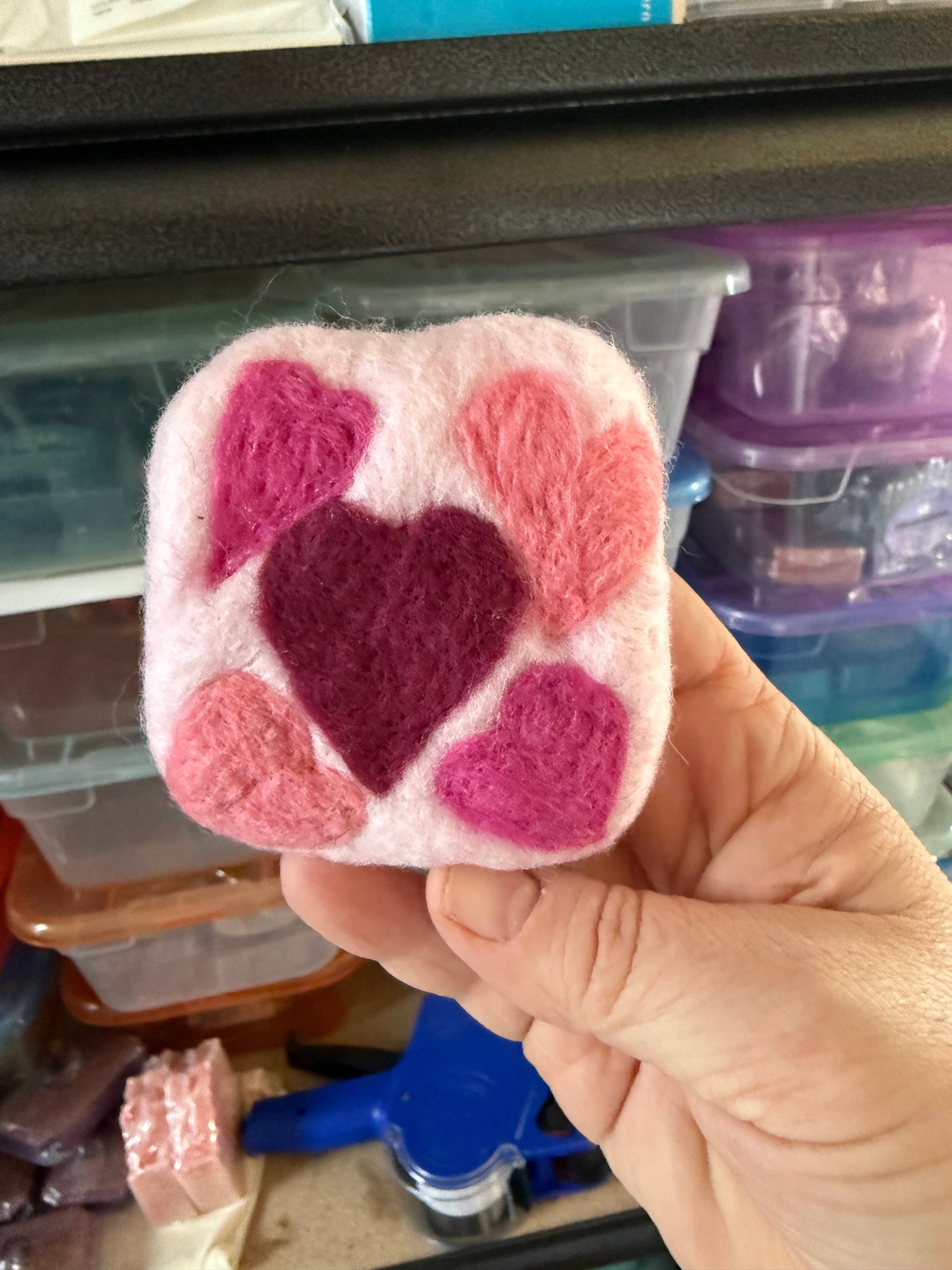 Hearts felted wool soap bar