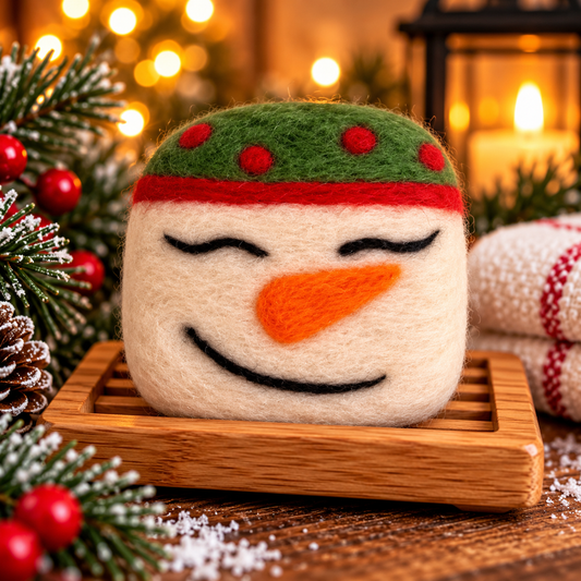 Felted Wool Soap Bar: Snowmen Green Hat
