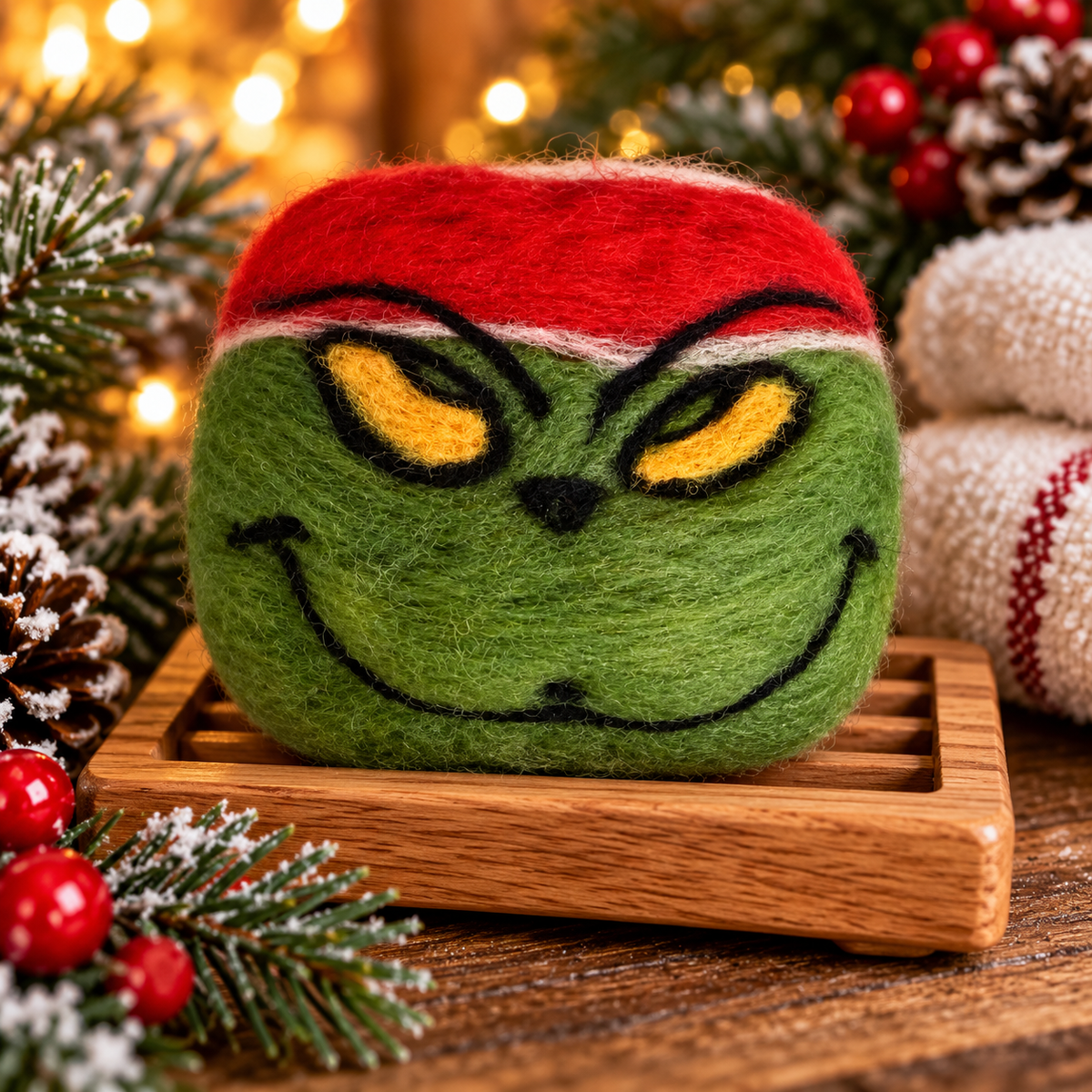 Felted Wool Soap Bar: Grinch